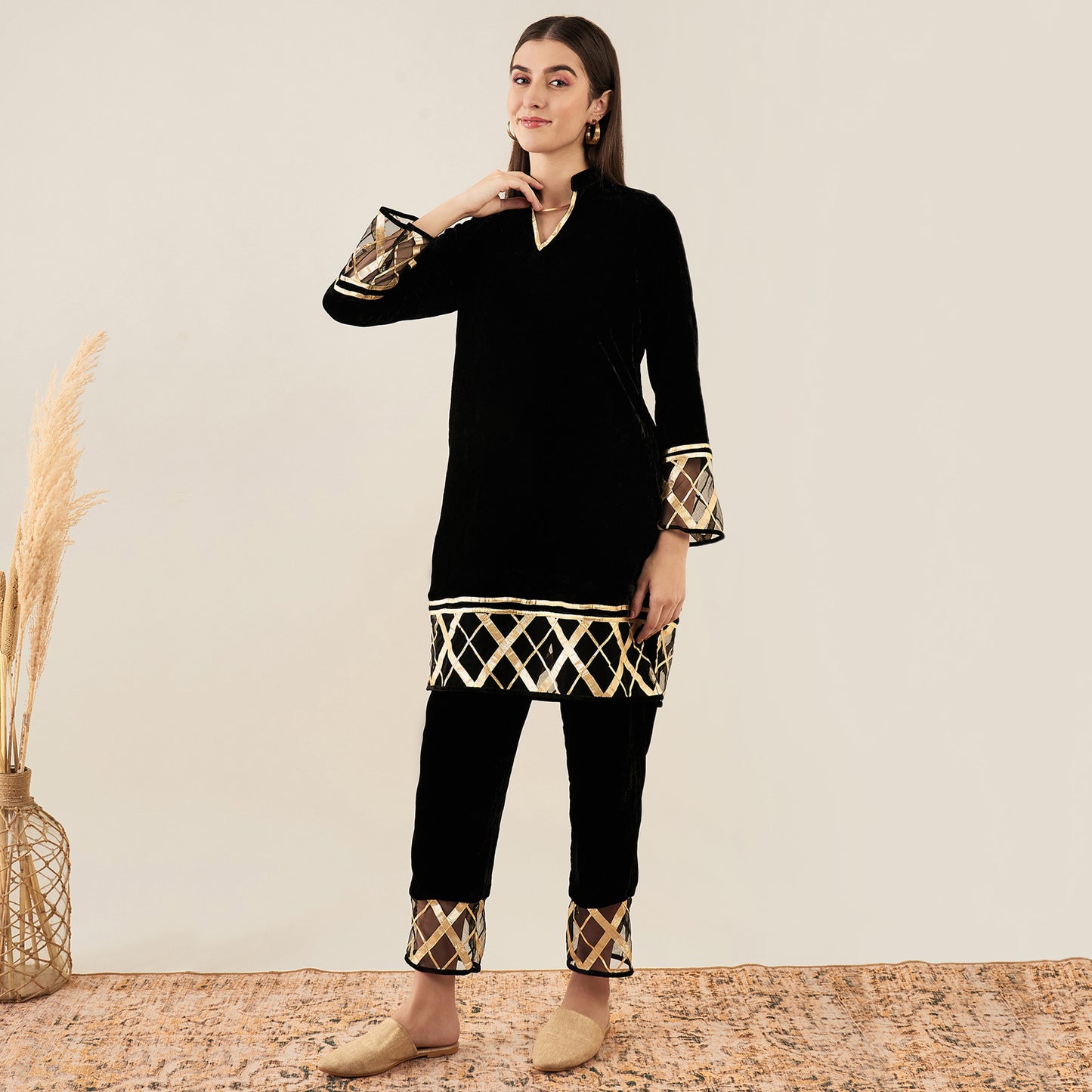 Black Silk Velvet Kurta and Straight Pants with Gota Lace Detail Set