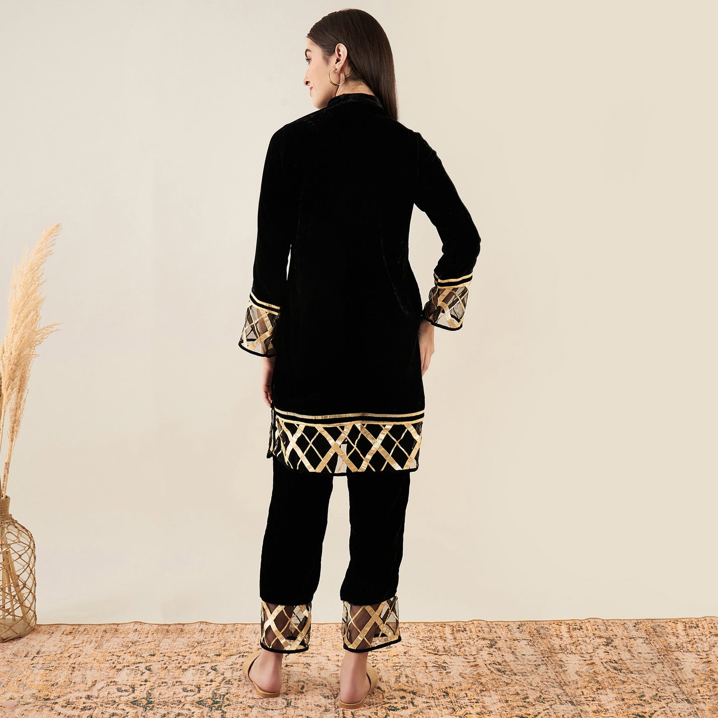 Black Silk Velvet Kurta and Straight Pants with Gota Lace Detail Set
