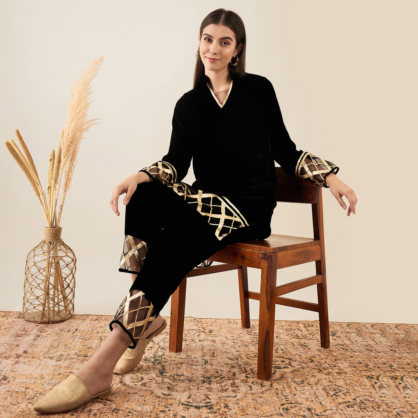 Black Silk Velvet Kurta and Straight Pants with Gota Lace Detail Set