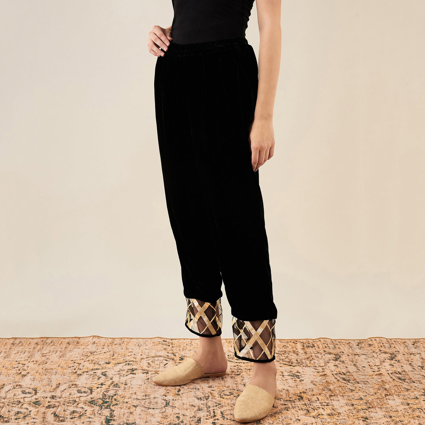 Black Silk Velvet Kurta and Straight Pants with Gota Lace Detail Set