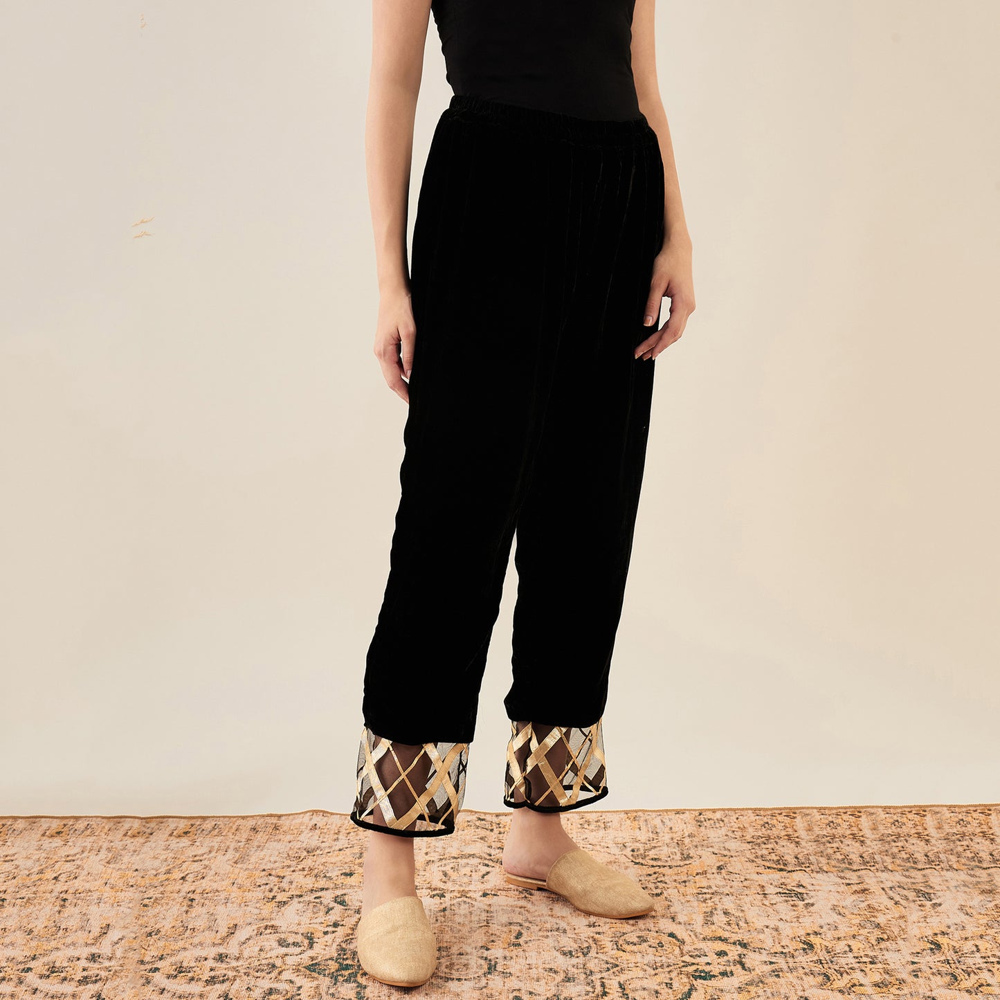 Black Silk Velvet Kurta and Straight Pants with Gota Lace Detail Set