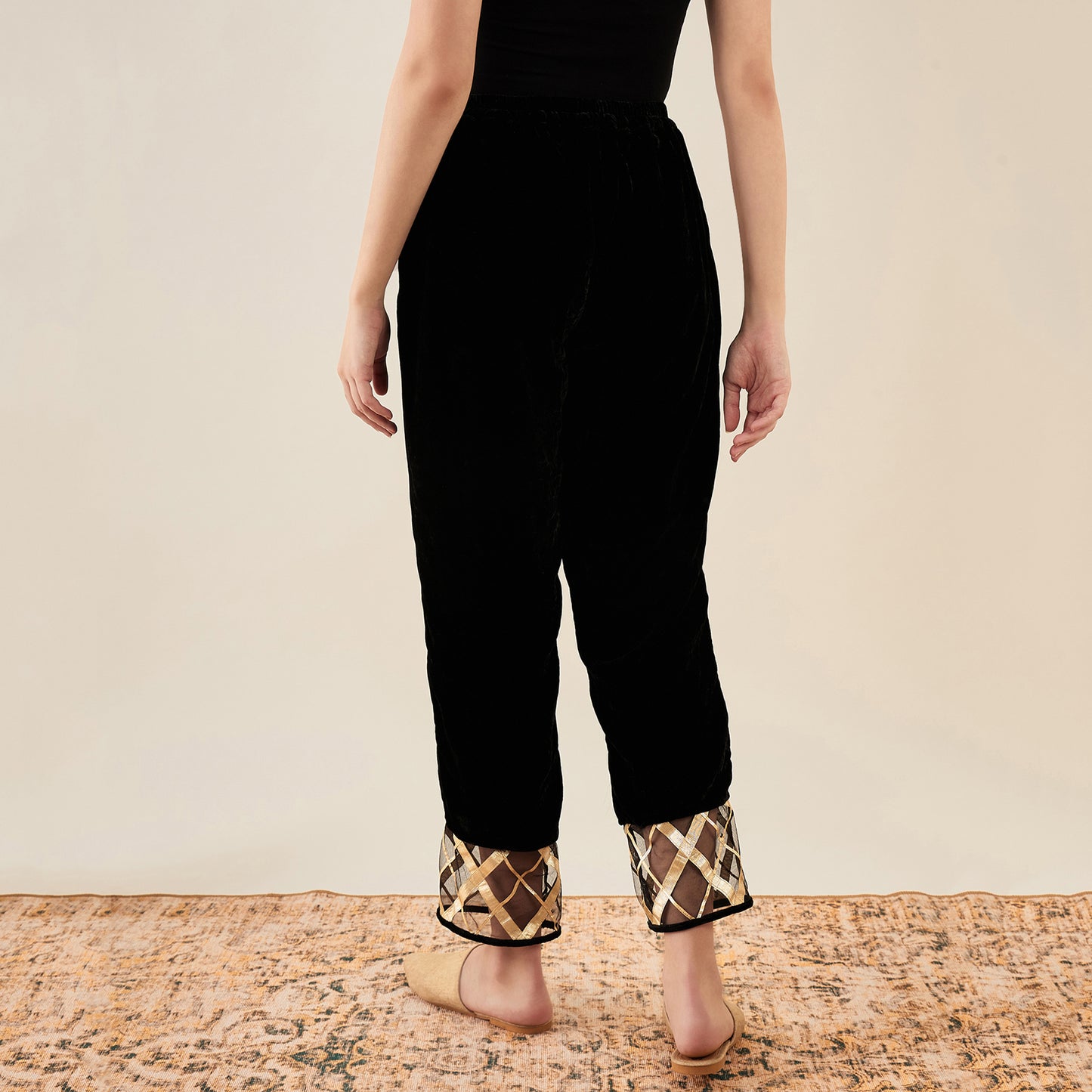 Black Silk Velvet Kurta and Straight Pants with Gota Lace Detail Set