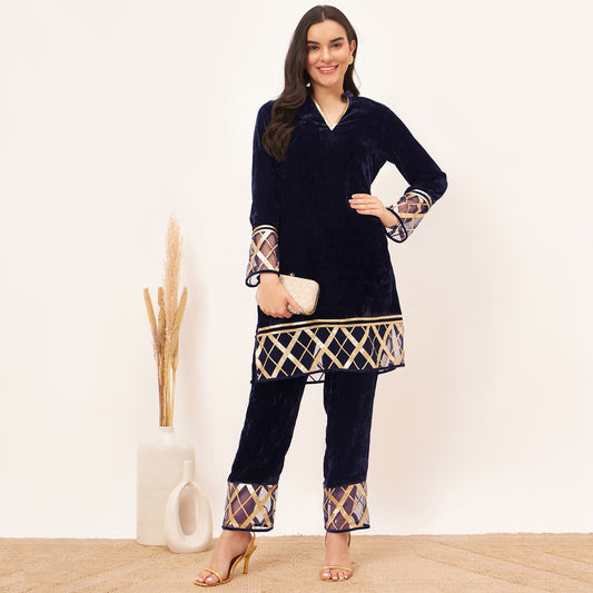 Blue Silk Velvet Kurta and Straight Pants with Gota Lace Detail Set