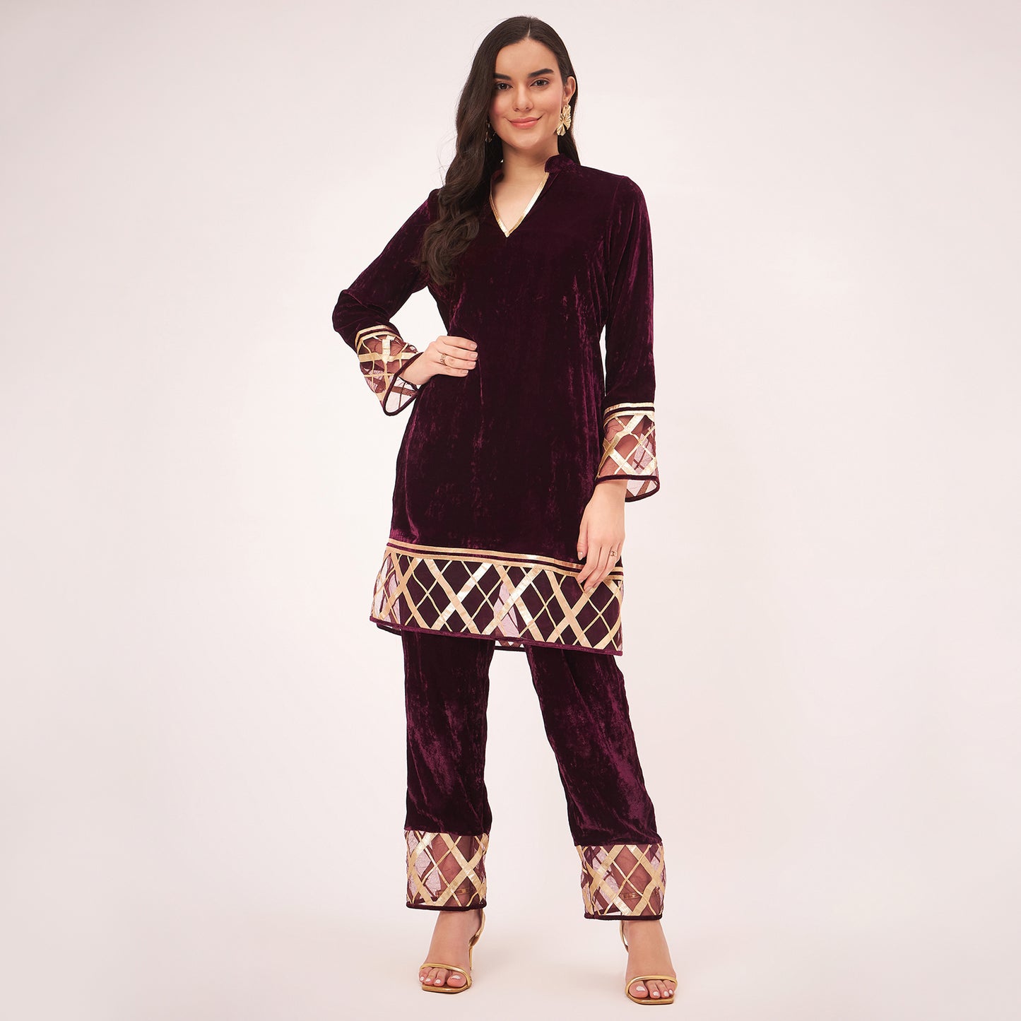 Maroon Silk Velvet Kurta and Straight Pants with Gota Lace Detail Set