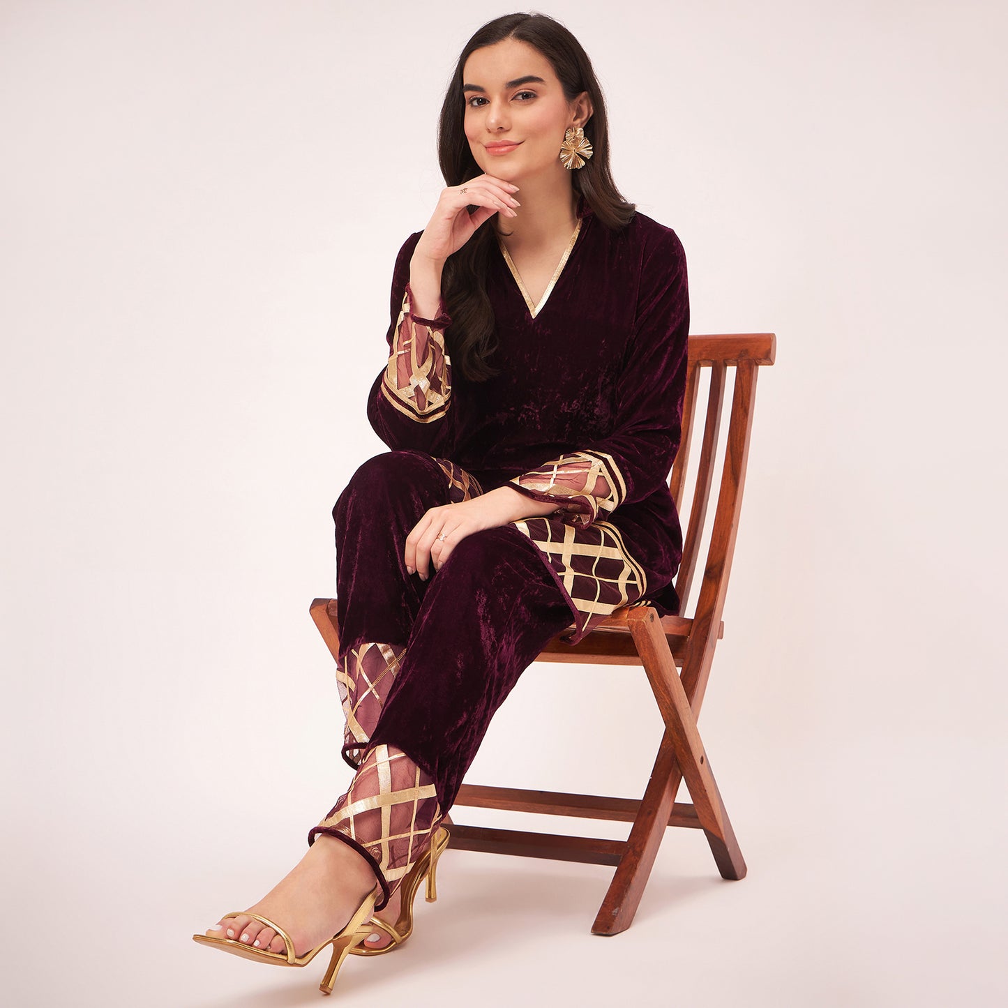 Maroon Silk Velvet Kurta and Straight Pants with Gota Lace Detail Set