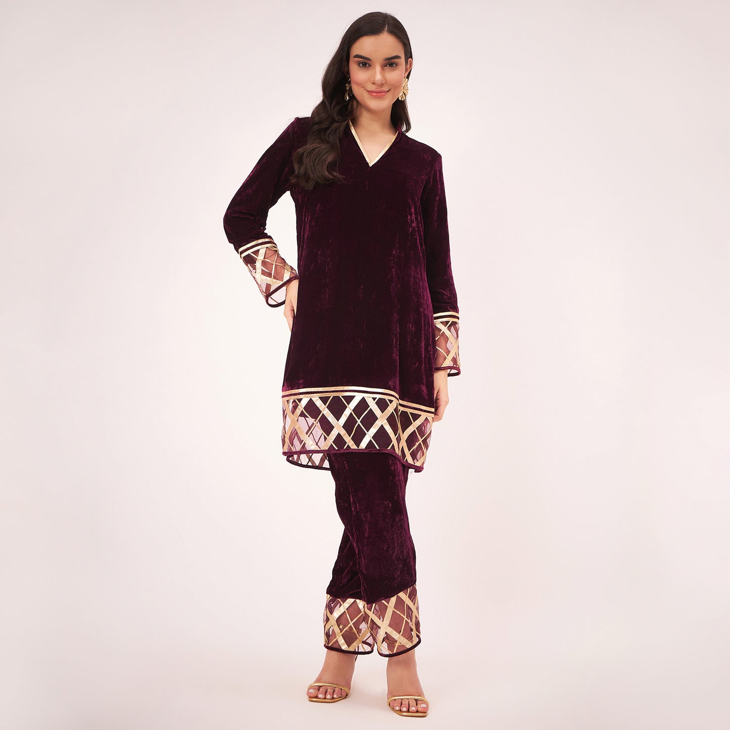 Maroon Silk Velvet Kurta and Straight Pants with Gota Lace Detail Set