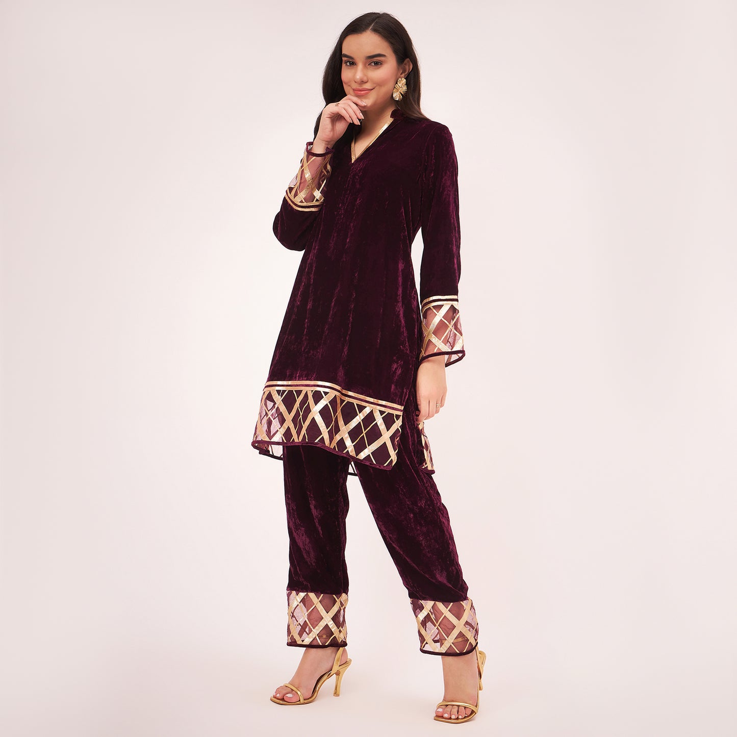 Maroon Silk Velvet Kurta and Straight Pants with Gota Lace Detail Set