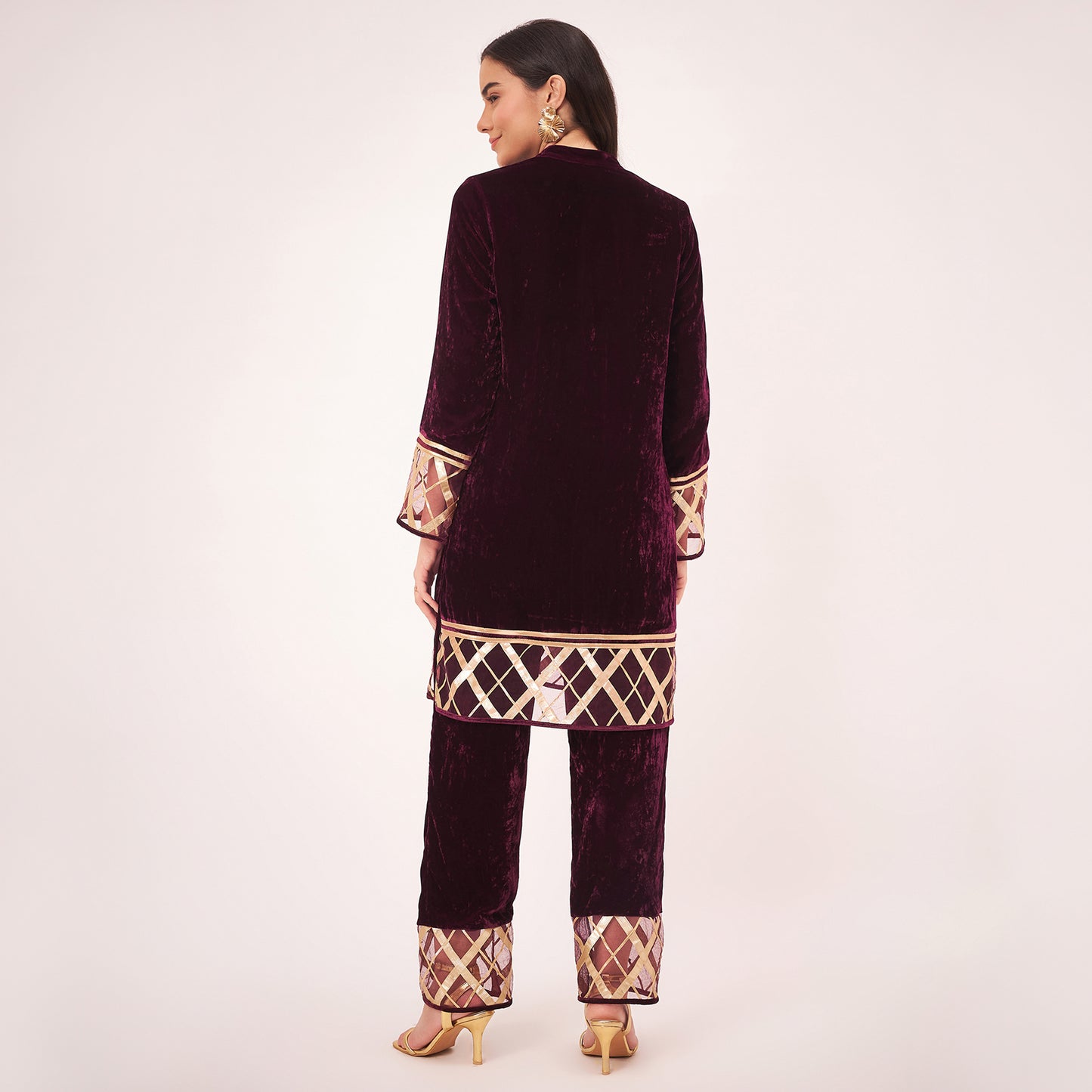 Maroon Silk Velvet Kurta and Straight Pants with Gota Lace Detail Set
