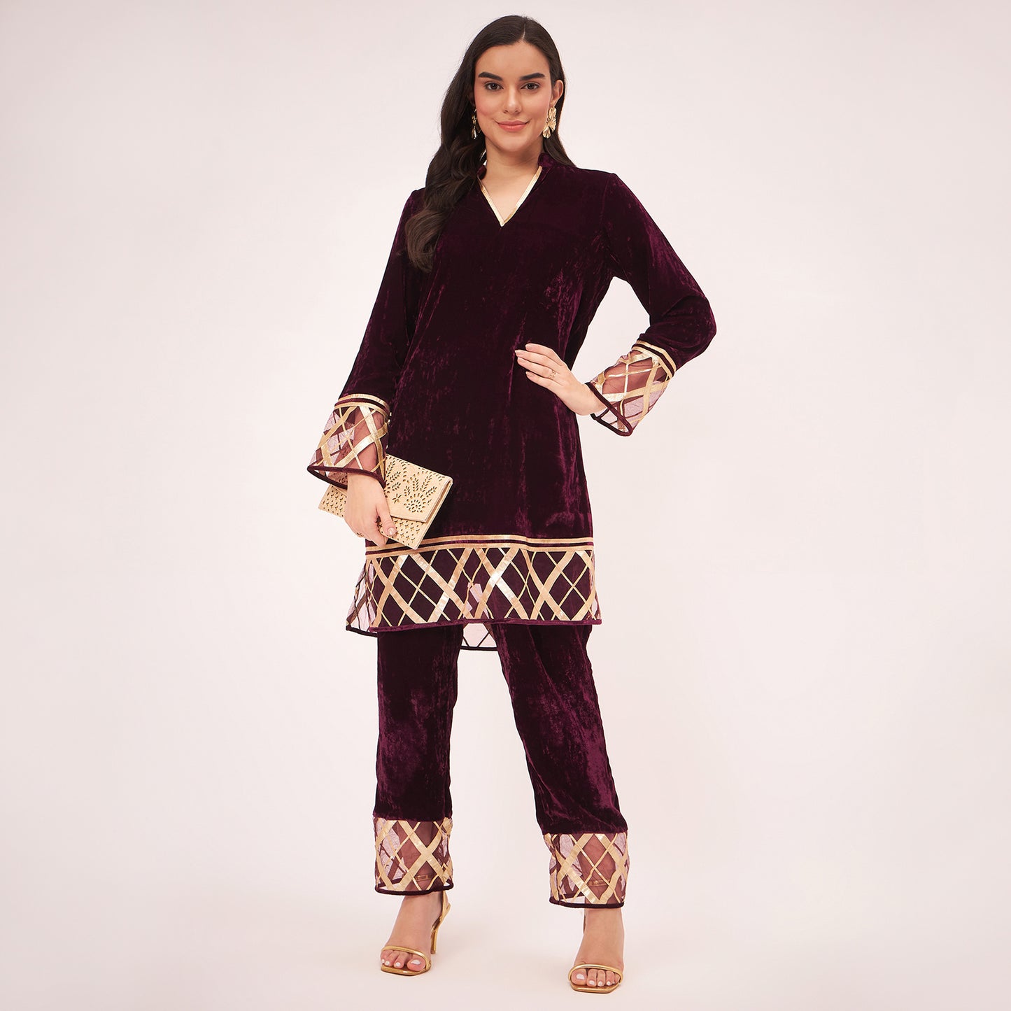 Maroon Silk Velvet Kurta and Straight Pants with Gota Lace Detail Set