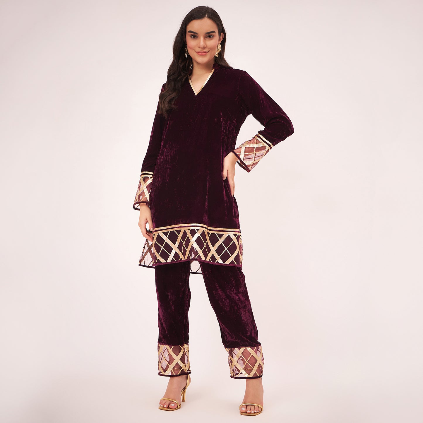 Maroon Silk Velvet Kurta and Straight Pants with Gota Lace Detail Set