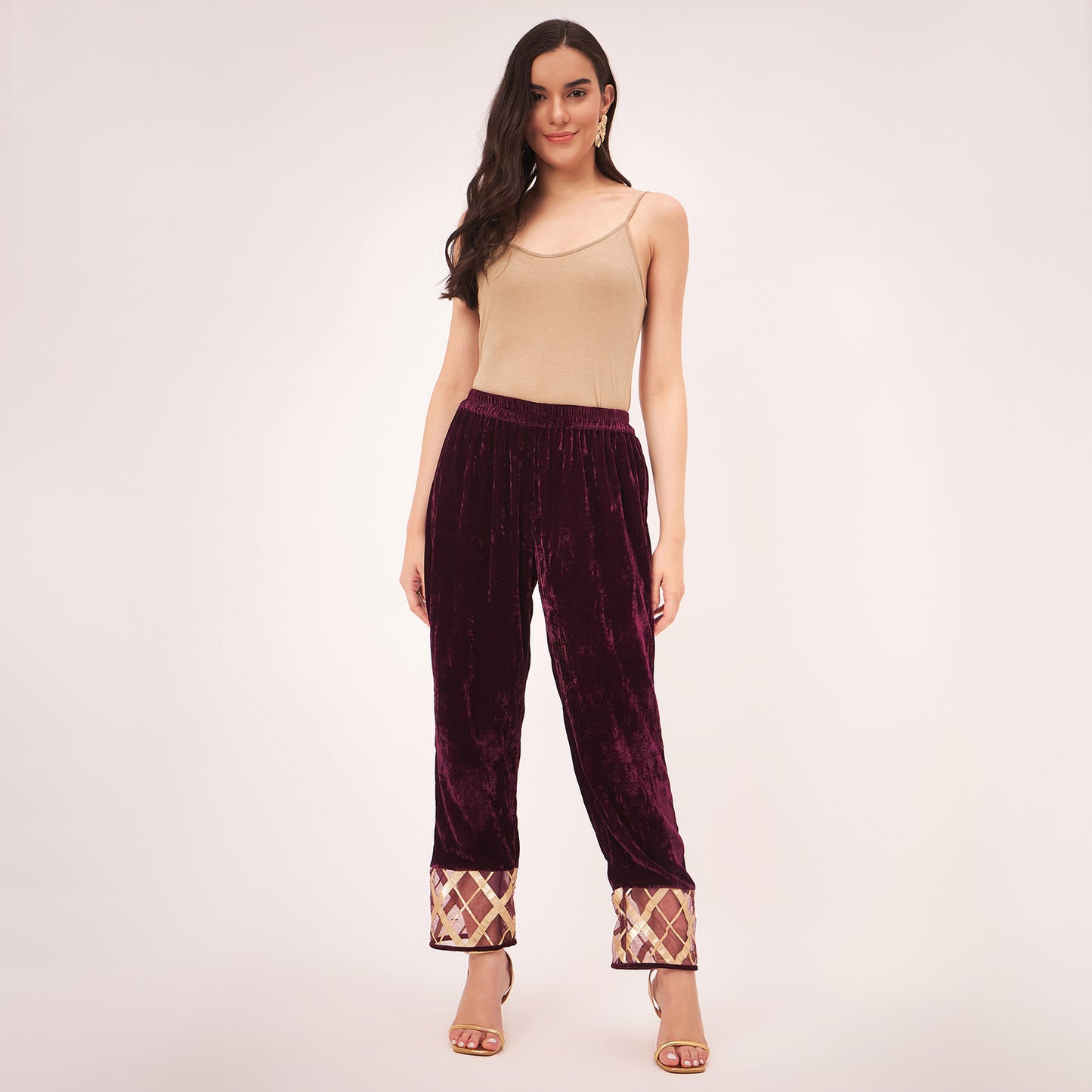 Maroon Silk Velvet Kurta and Straight Pants with Gota Lace Detail Set