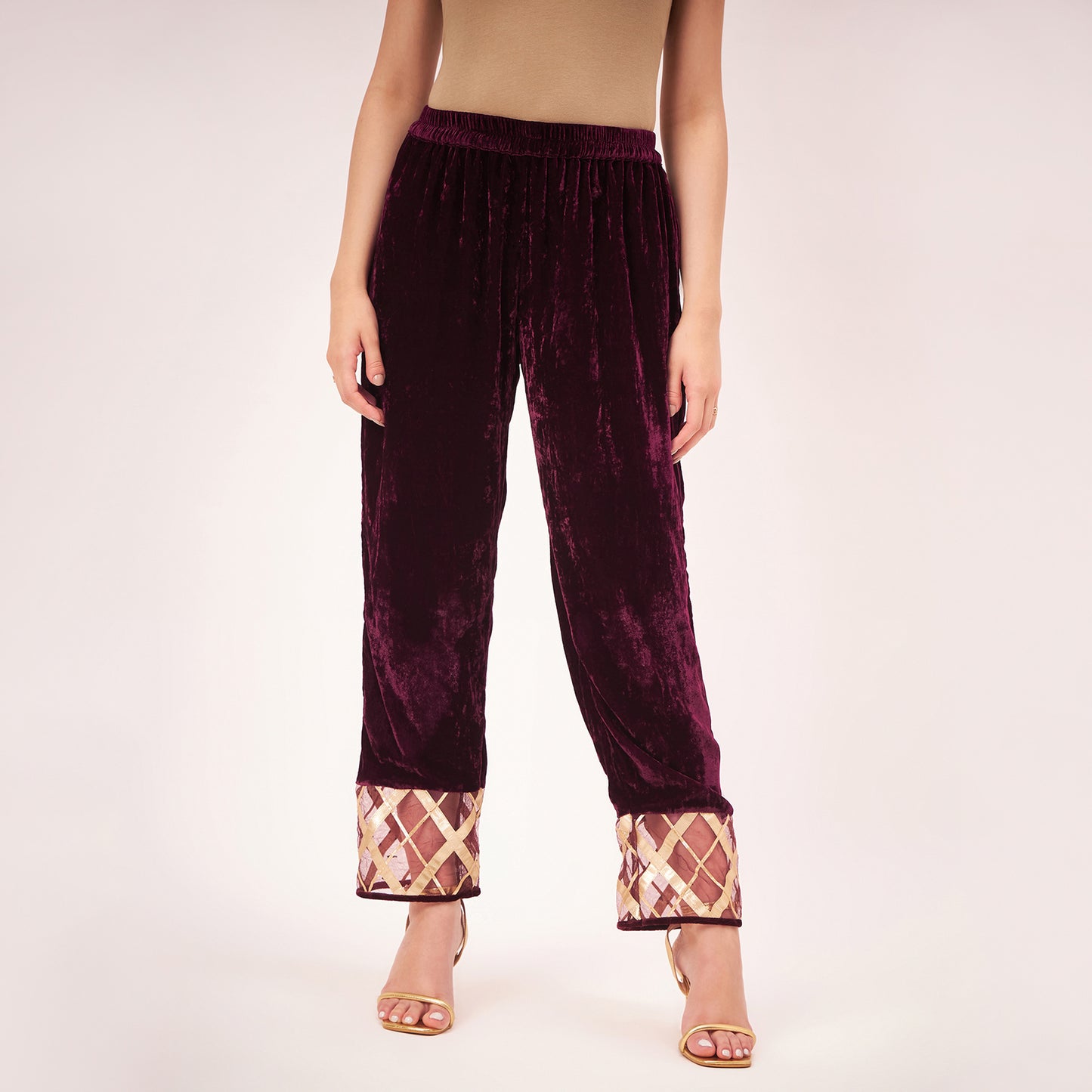 Maroon Silk Velvet Kurta and Straight Pants with Gota Lace Detail Set
