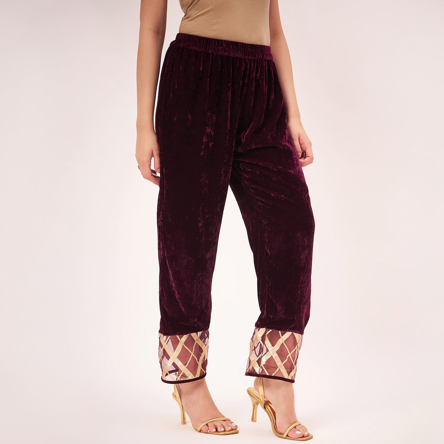 Maroon Silk Velvet Kurta and Straight Pants with Gota Lace Detail Set