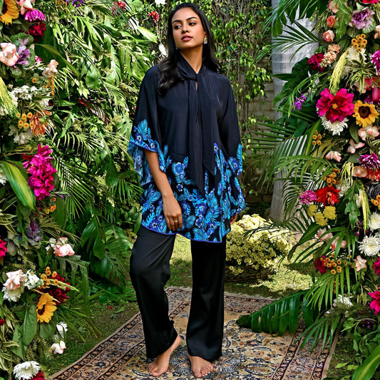 Black and Blue Floral Bow-Tie Top and Straight Pants Set