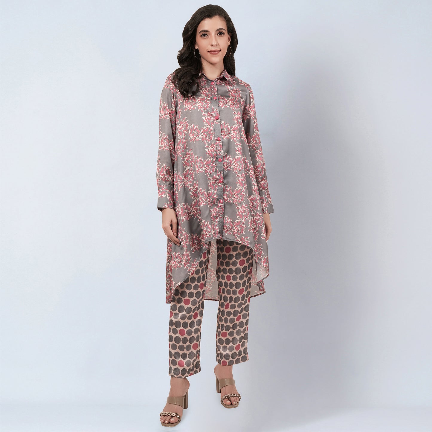 Grey and Pink Floral Combination Print Co-ordinate Set