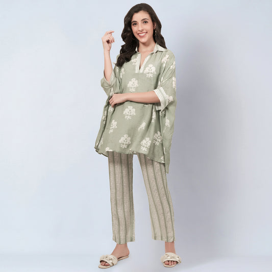 Sage Green and Ecru Floral Combination Print Co-ordinate Set