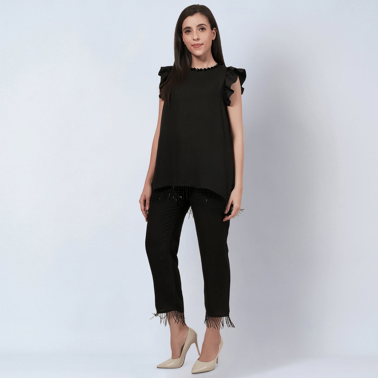 Black Linen Top and Pants Set with Bead Lace