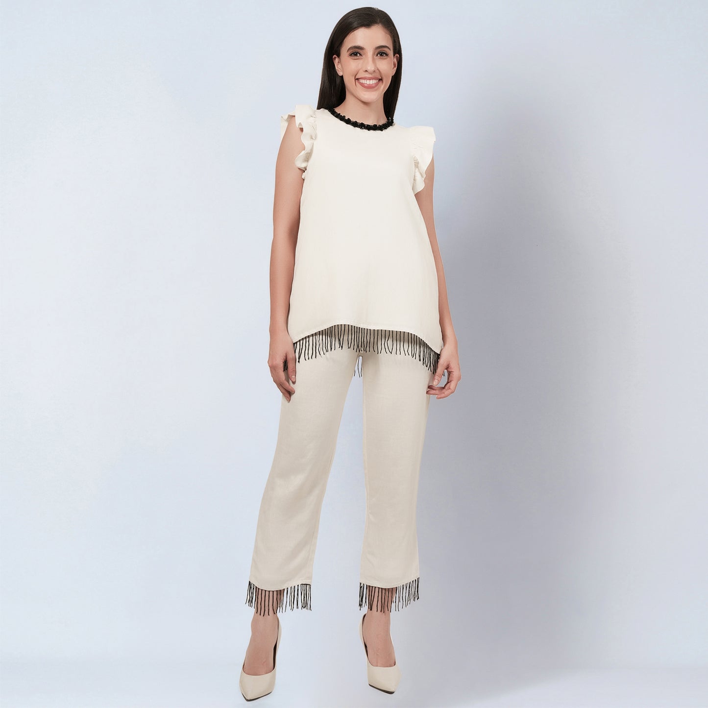 Off White Linen Top and Pants Set with Bead Lace