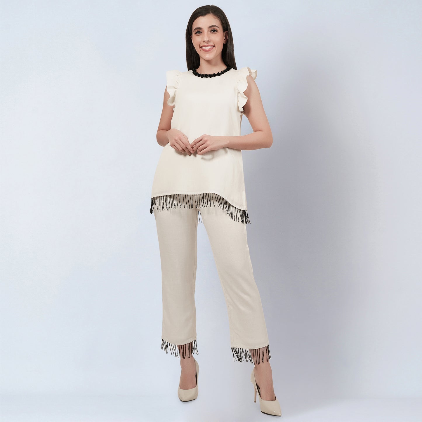 Off White Linen Top and Pants Set with Bead Lace