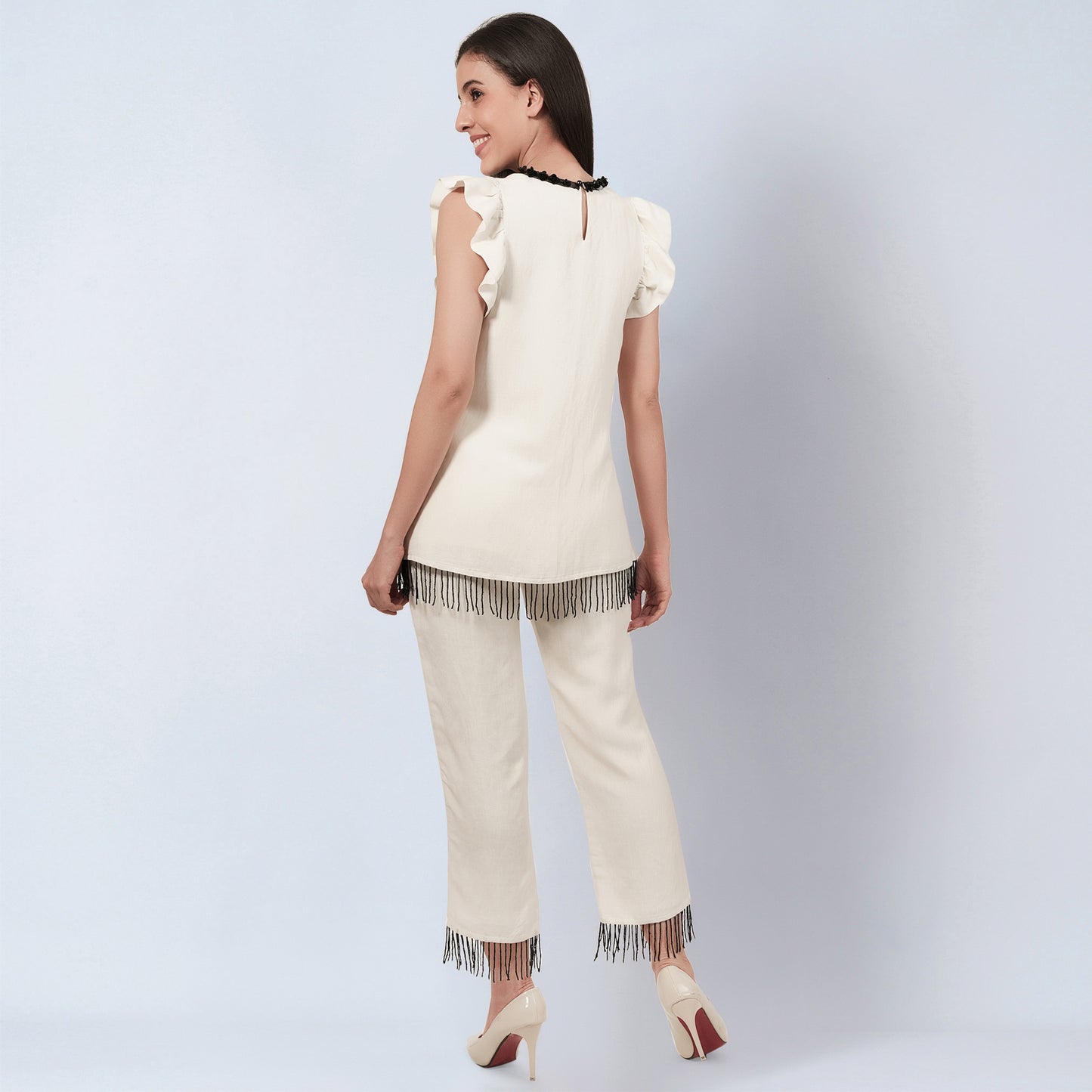 Off White Linen Top and Pants Set with Bead Lace