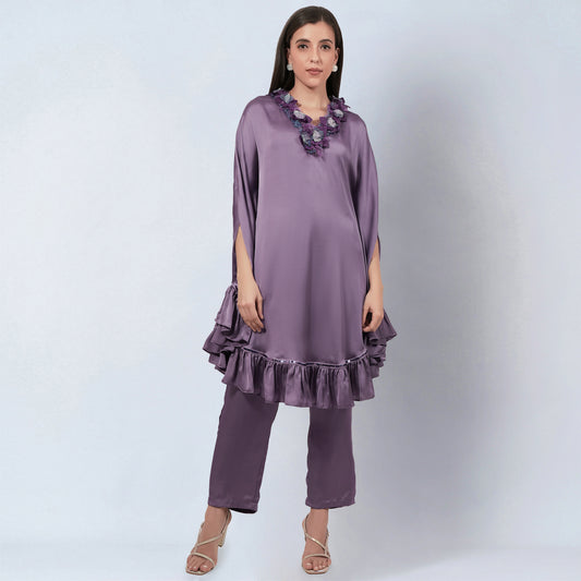 Purple Ruffle Dress with Floral Lace Detail with Satin Pants Set
