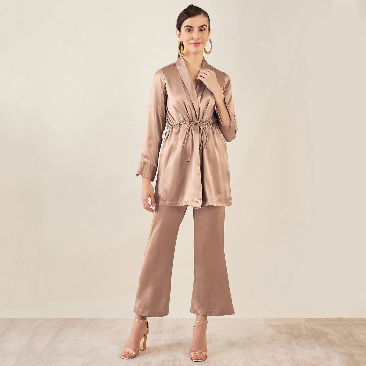 Hazel Brown Semi-Formal Embellished Satin Tunic and Bell Bottom Pants Set