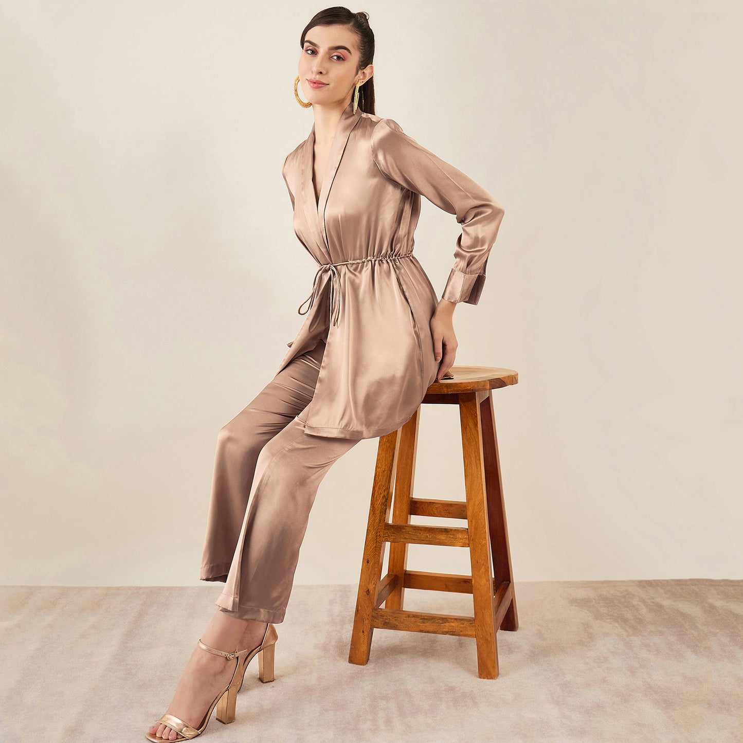 Hazel Brown Semi-Formal Embellished Satin Tunic and Bell Bottom Pants Set