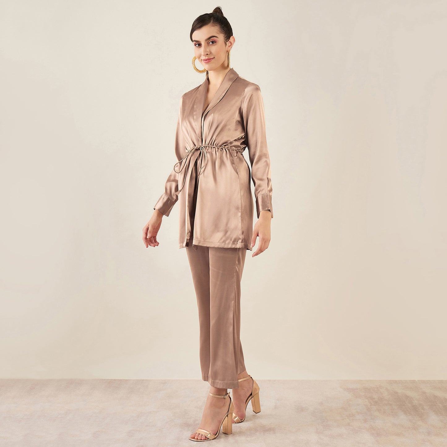 Hazel Brown Semi-Formal Embellished Satin Tunic and Bell Bottom Pants Set