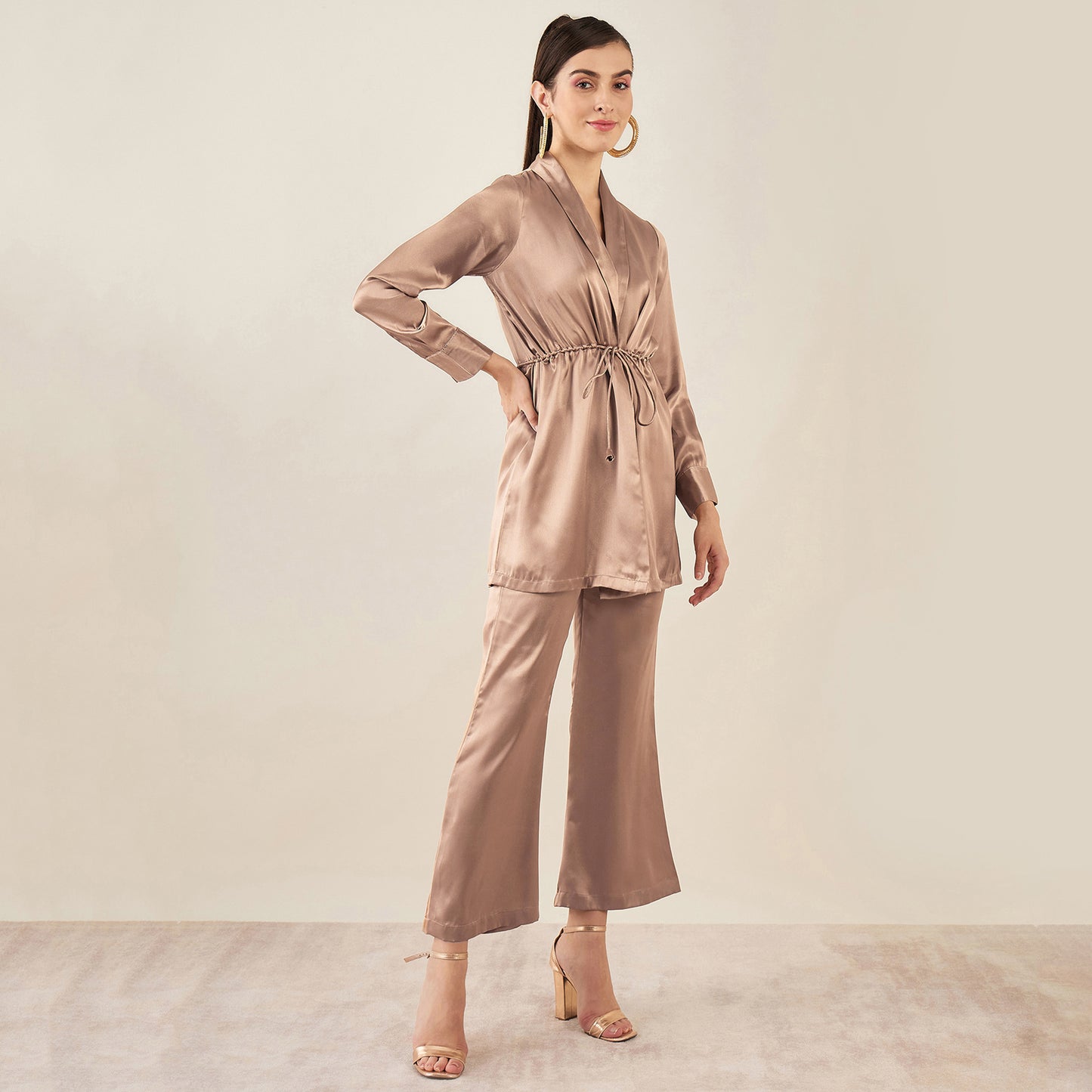Hazel Brown Semi-Formal Embellished Satin Tunic and Bell Bottom Pants Set