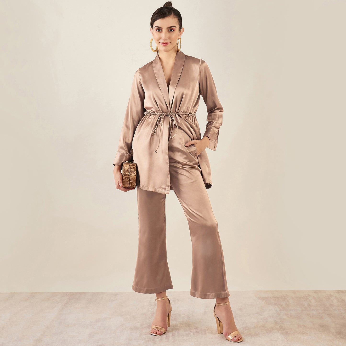 Hazel Brown Semi-Formal Embellished Satin Tunic and Bell Bottom Pants Set