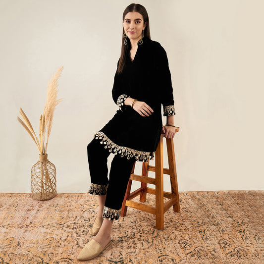 Black Silk Velvet Kurta and Straight Pants with Mirror Lace Detail Set