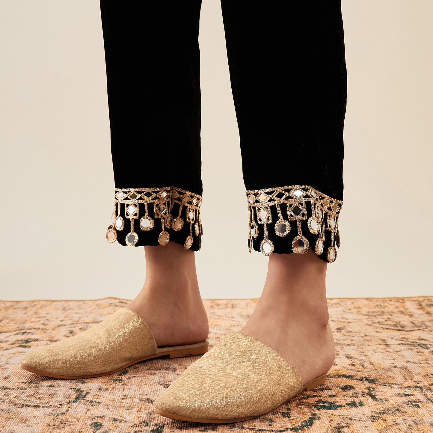 Black Silk Velvet Kurta and Straight Pants with Mirror Lace Detail Set