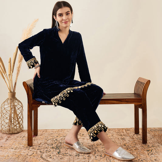 Blue Silk Velvet Kurta and Straight Pants with Mirror Lace Detail Set