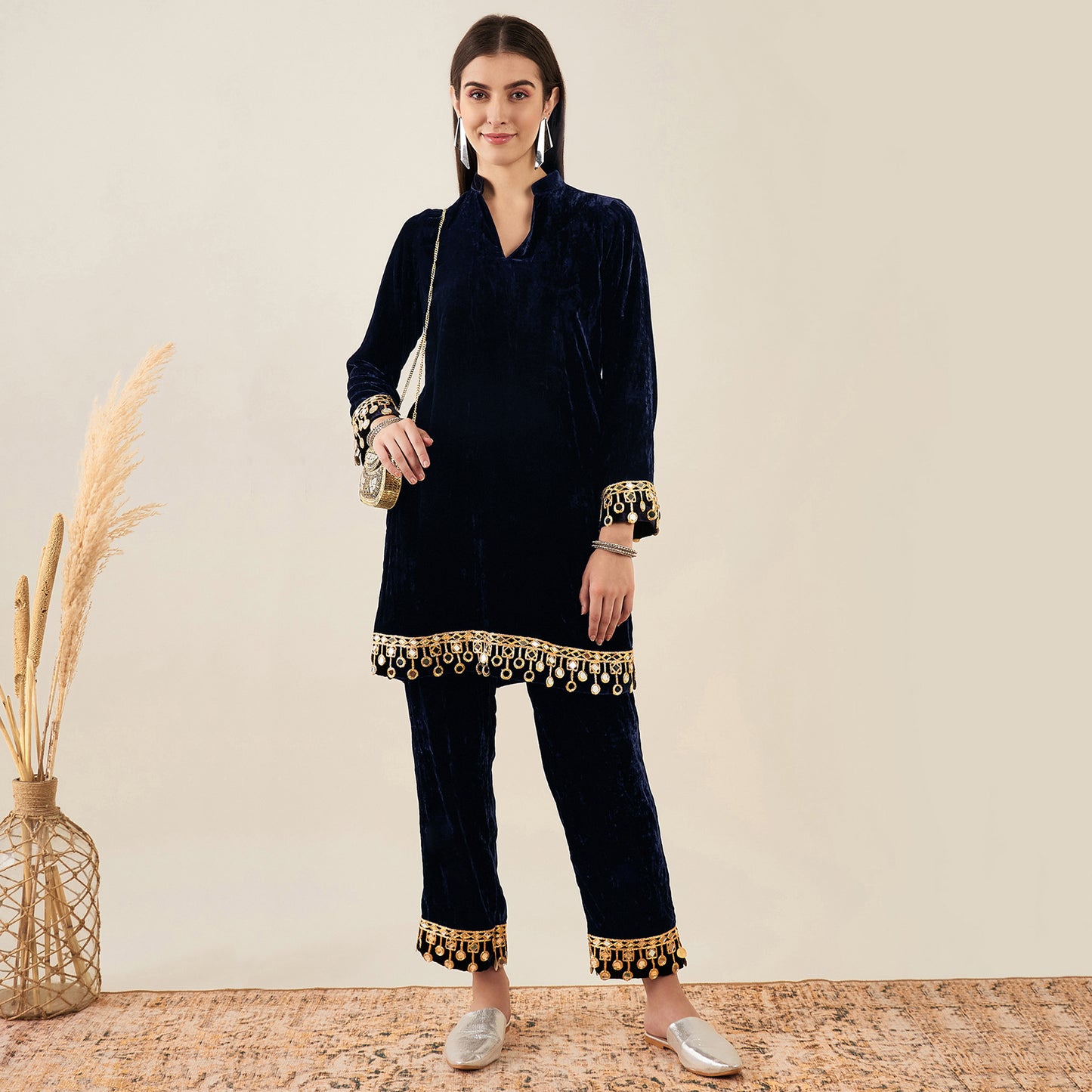 Blue Silk Velvet Kurta and Straight Pants with Mirror Lace Detail Set