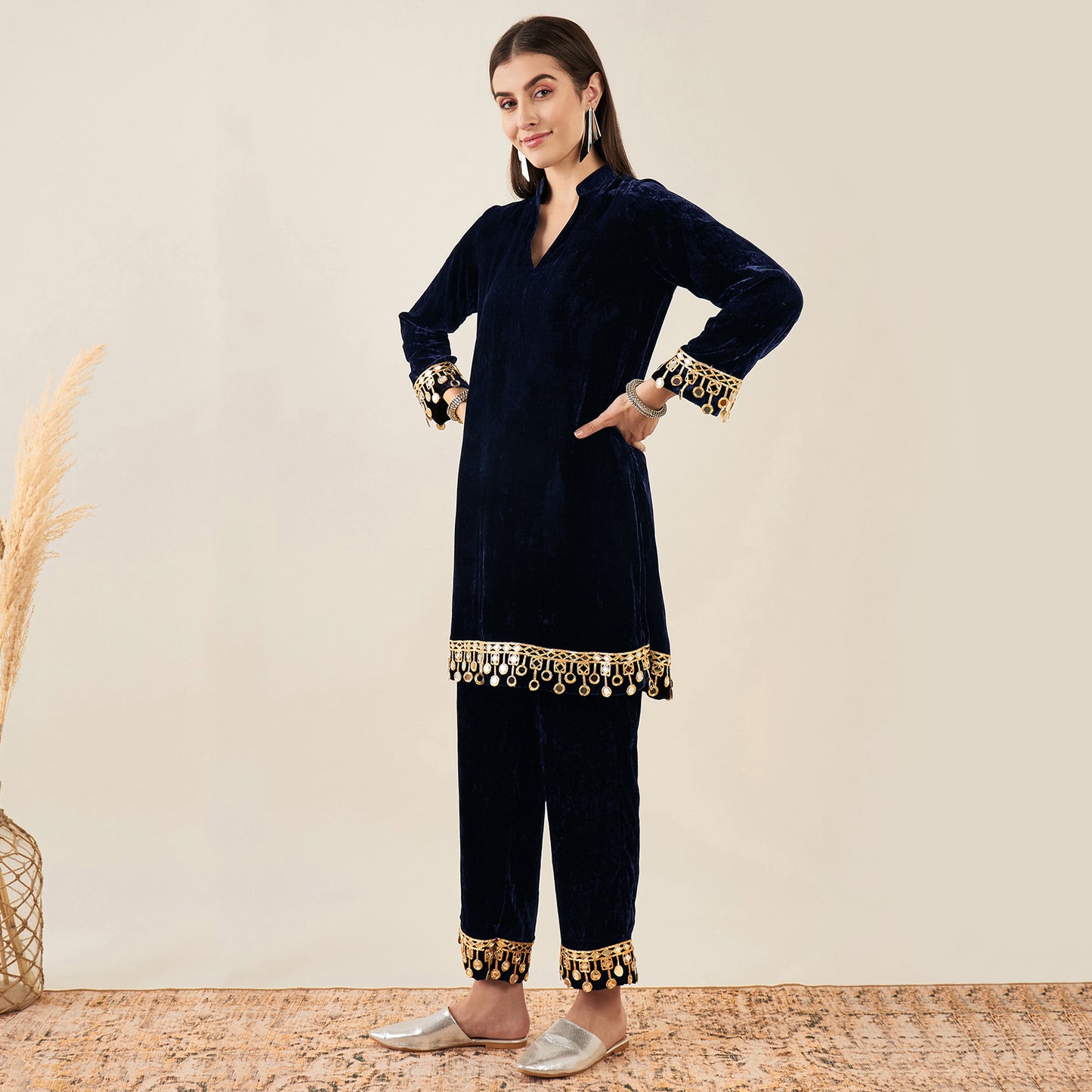 Blue Silk Velvet Kurta and Straight Pants with Mirror Lace Detail Set