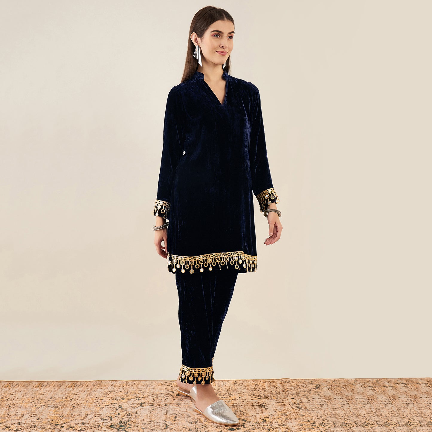 Blue Silk Velvet Kurta and Straight Pants with Mirror Lace Detail Set