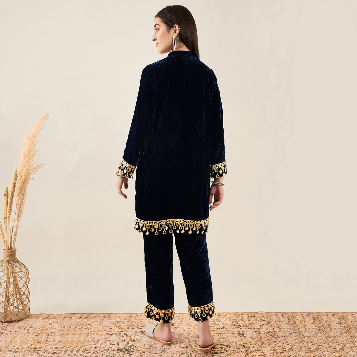 Blue Silk Velvet Kurta and Straight Pants with Mirror Lace Detail Set