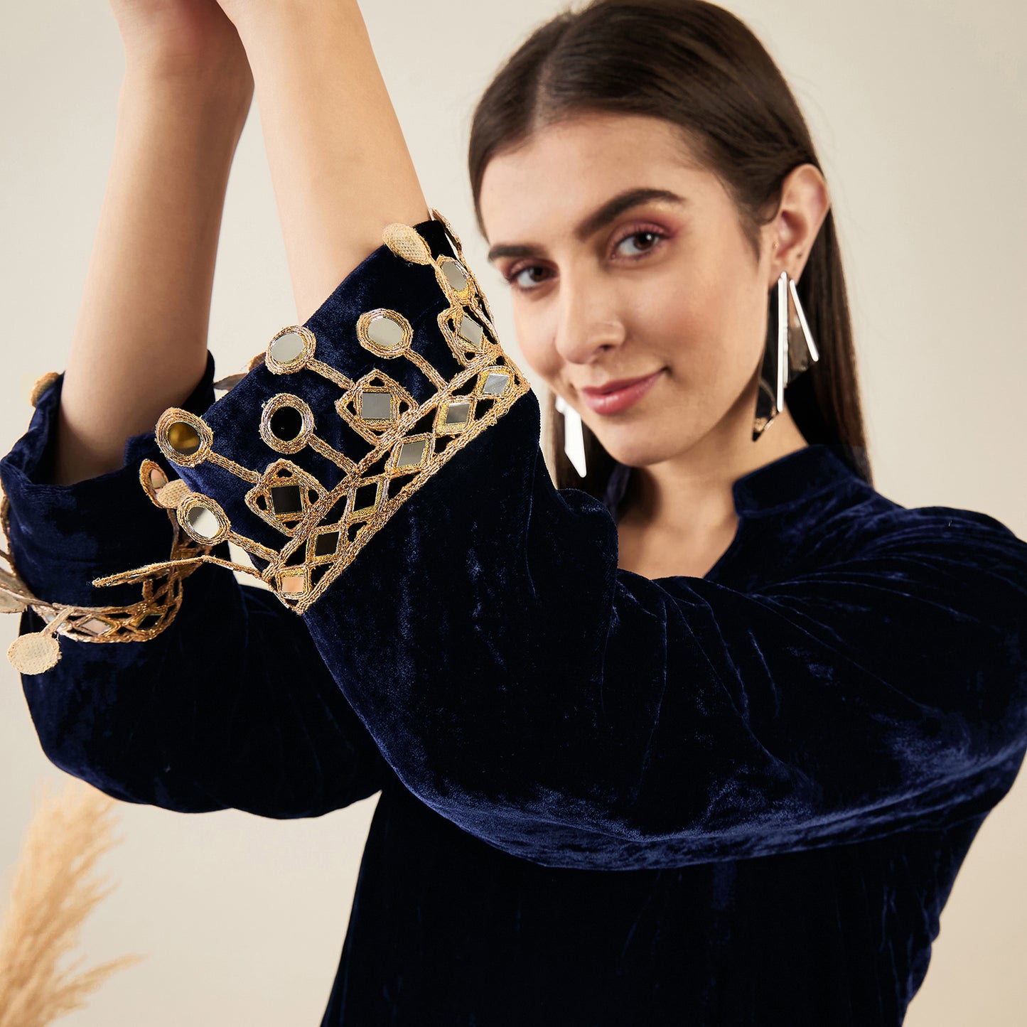 Blue Silk Velvet Kurta and Straight Pants with Mirror Lace Detail Set