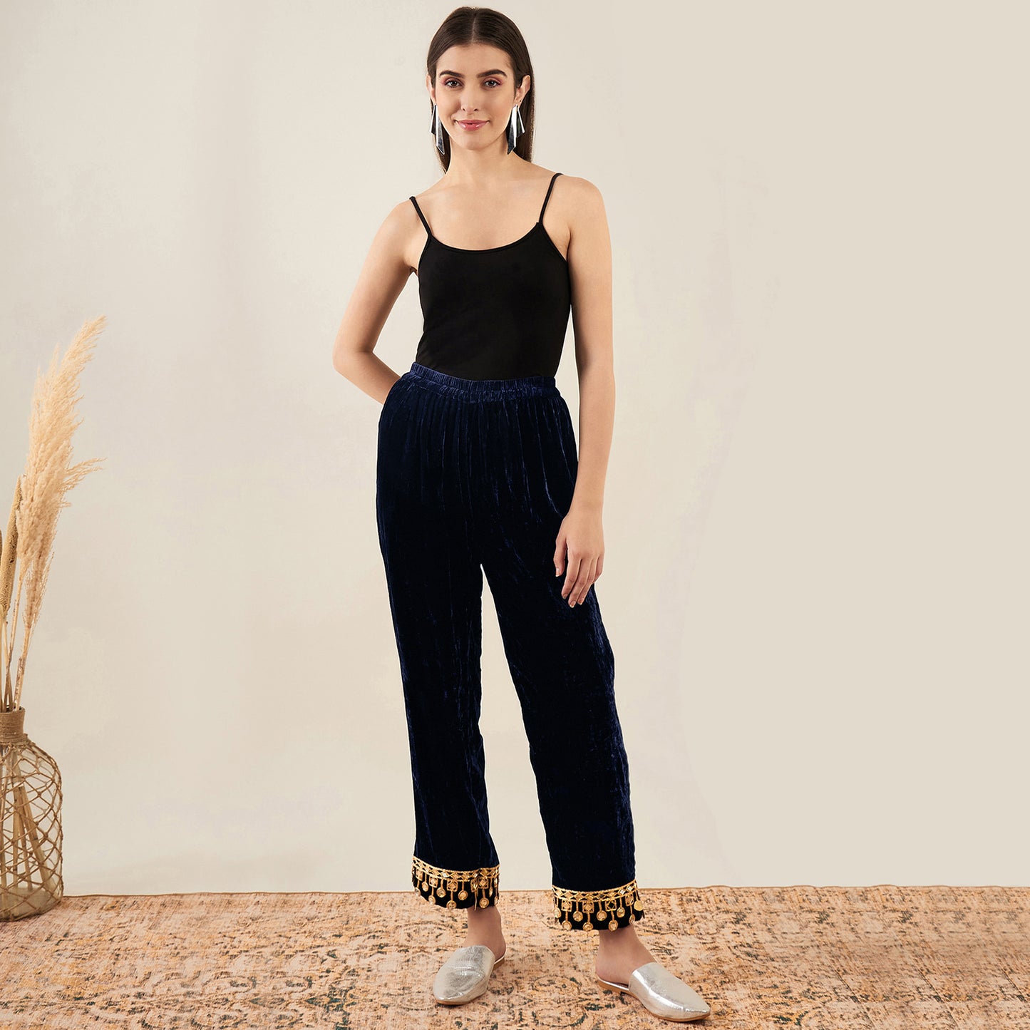Blue Silk Velvet Kurta and Straight Pants with Mirror Lace Detail Set