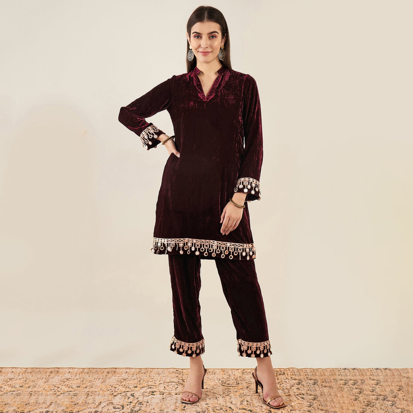 Maroon Silk Velvet Kurta and Straight Pants with Mirror Lace Detail Set