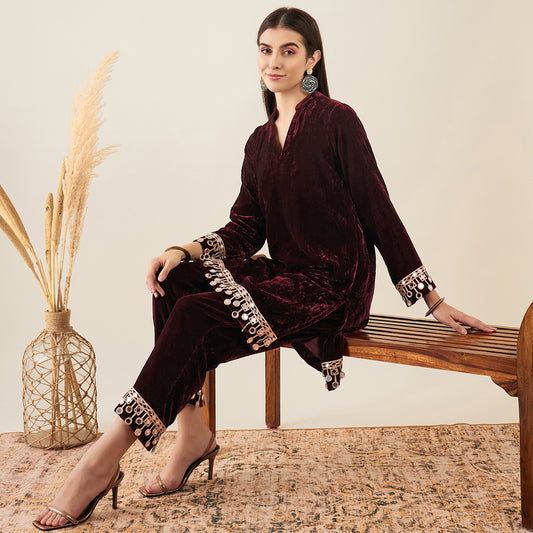 Maroon Silk Velvet Kurta and Straight Pants with Mirror Lace Detail Set