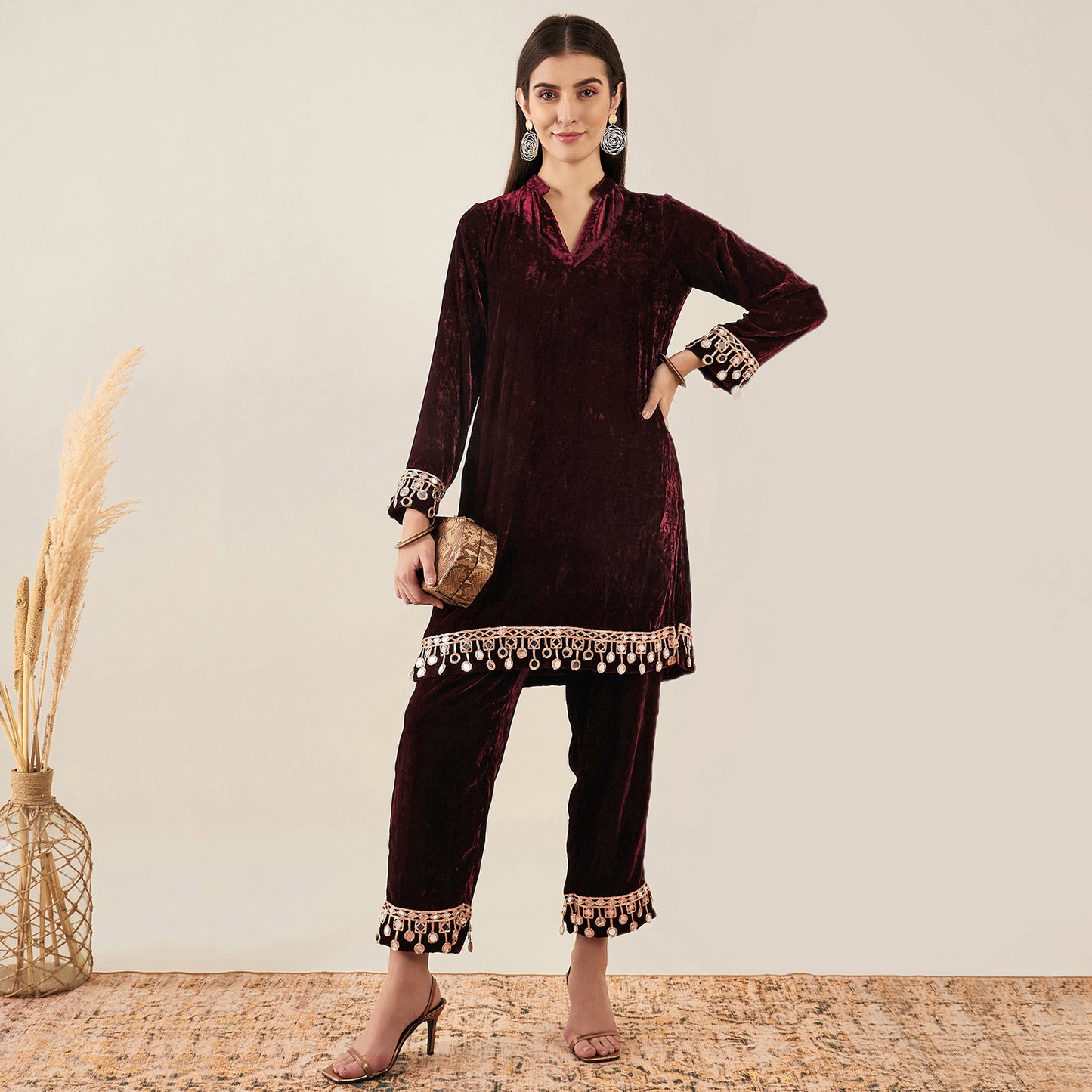 Maroon Silk Velvet Kurta and Straight Pants with Mirror Lace Detail Set