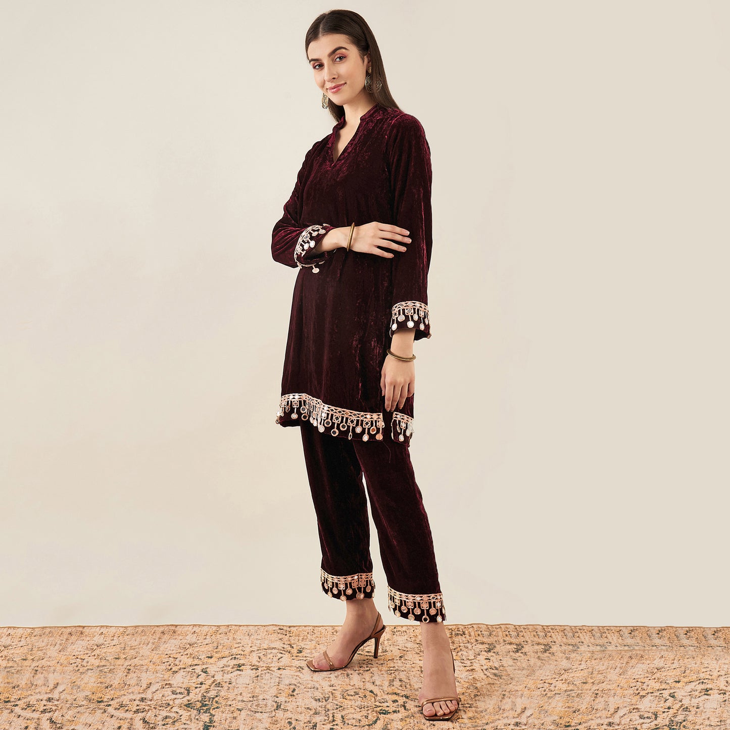 Maroon Silk Velvet Kurta and Straight Pants with Mirror Lace Detail Set