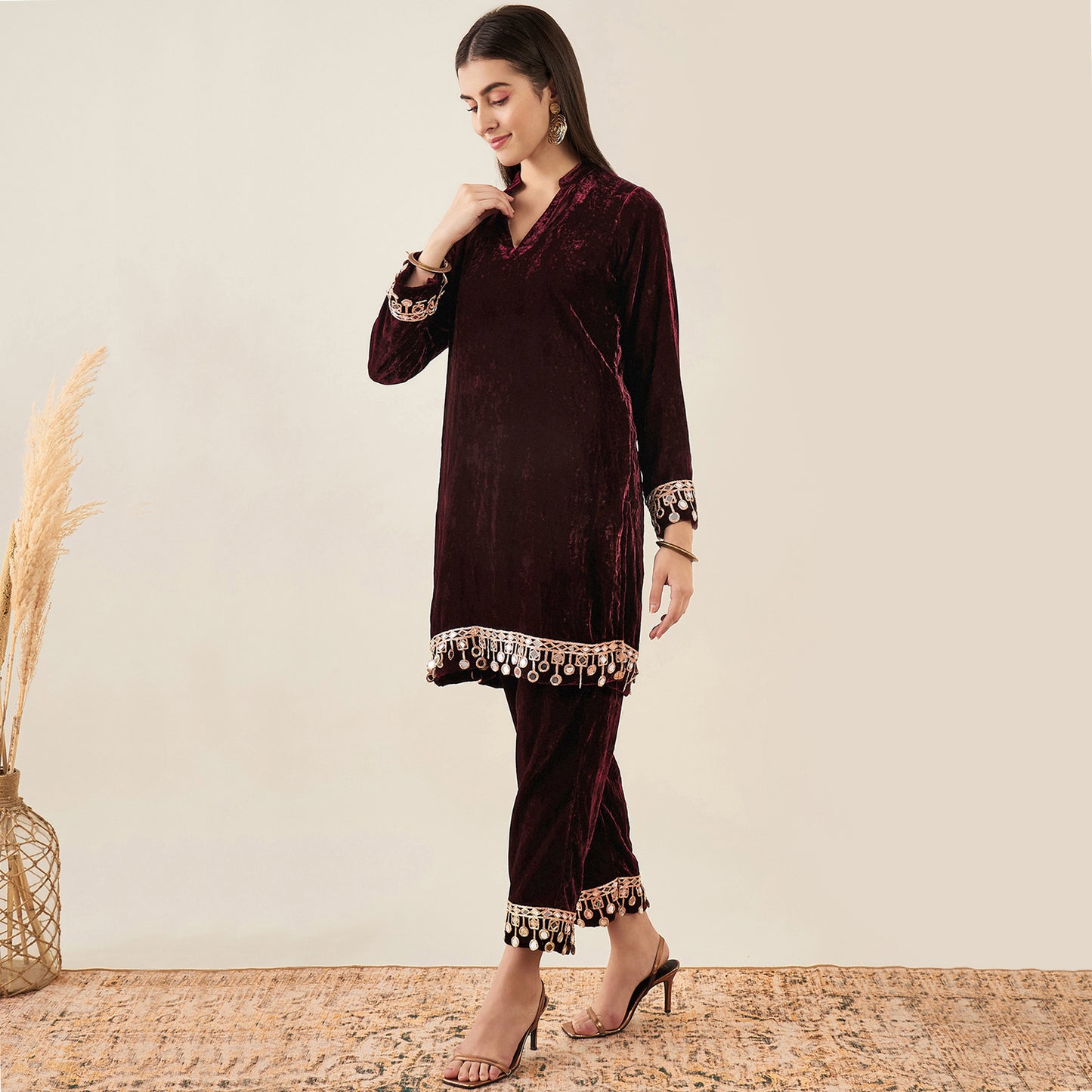 Maroon Silk Velvet Kurta and Straight Pants with Mirror Lace Detail Set