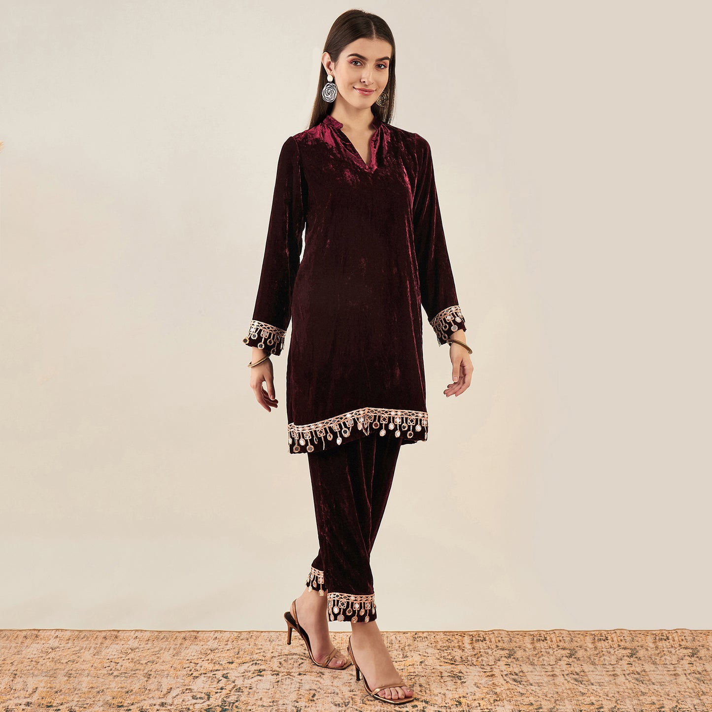 Maroon Silk Velvet Kurta and Straight Pants with Mirror Lace Detail Set