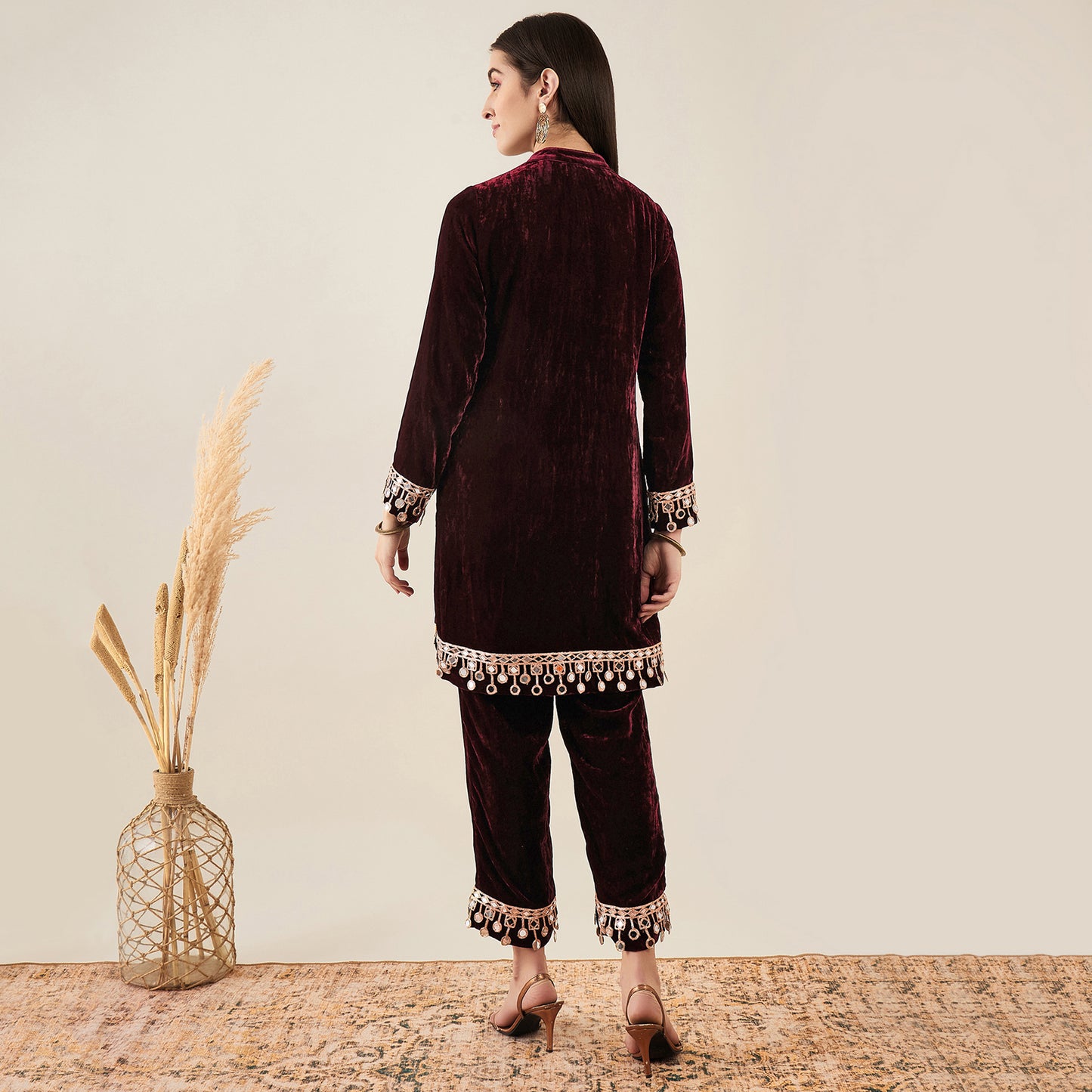 Maroon Silk Velvet Kurta and Straight Pants with Mirror Lace Detail Set