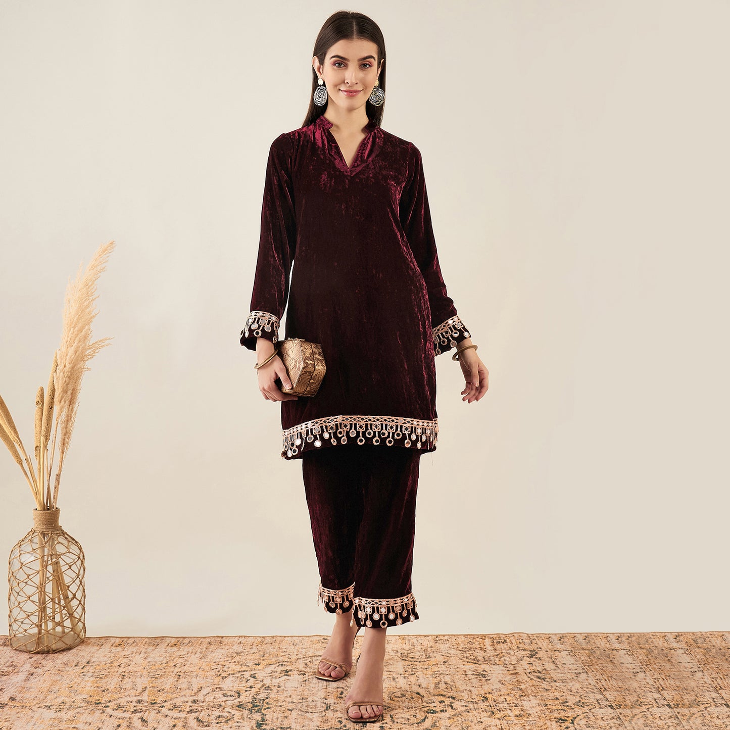 Maroon Silk Velvet Kurta and Straight Pants with Mirror Lace Detail Set