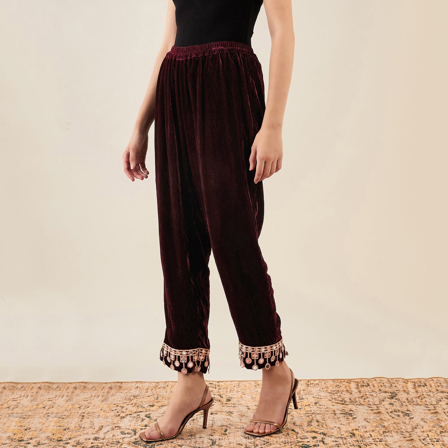 Maroon Silk Velvet Kurta and Straight Pants with Mirror Lace Detail Set