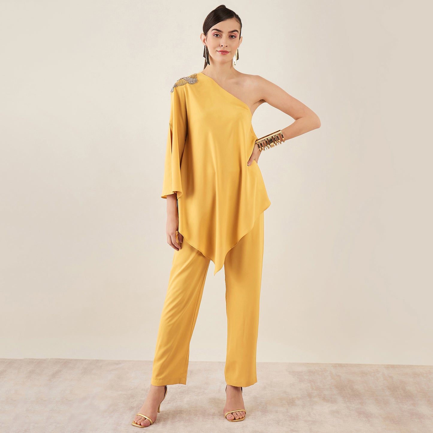 Mustard One-Shoulder Crystal Hand Embroidered Asymmetrical Top with Straight Pants Set