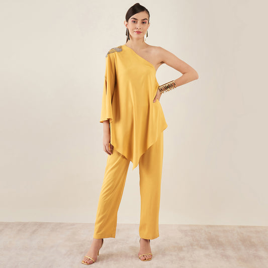 Mustard One-Shoulder Crystal Hand Embroidered Asymmetrical Top with Straight Pants Set